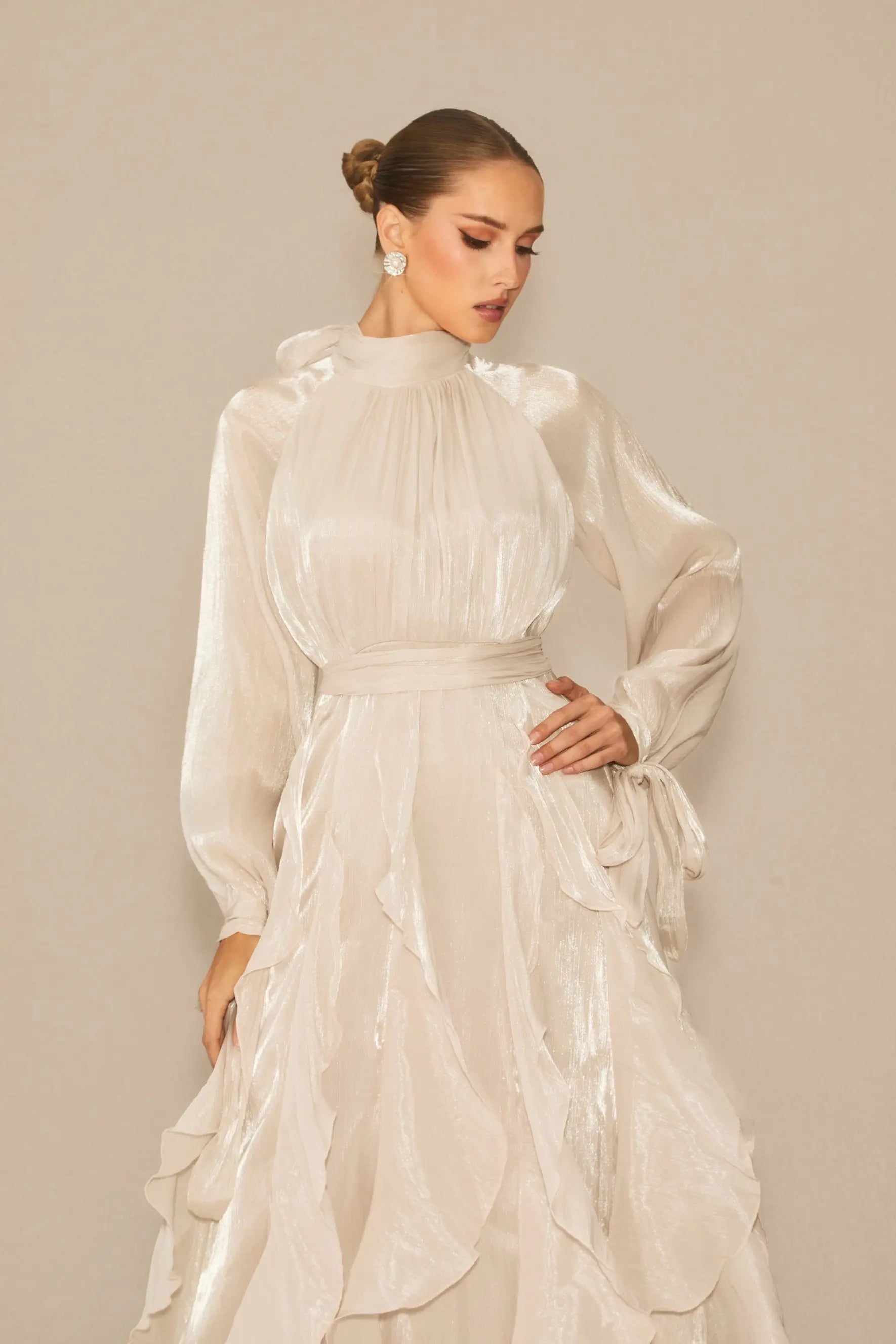 Puff Sleeve Ruffle Trim Maxi Dress in Apricot