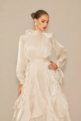 Puff Sleeve Ruffle Trim Maxi Dress in Apricot