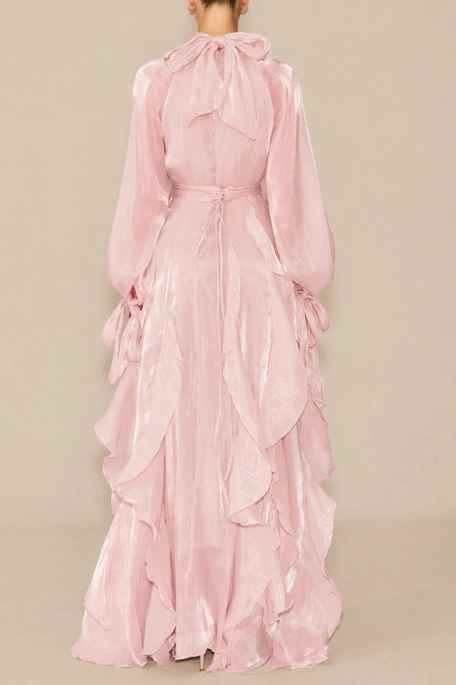 Puff Sleeve Ruffle Trim Maxi Dress in Pink