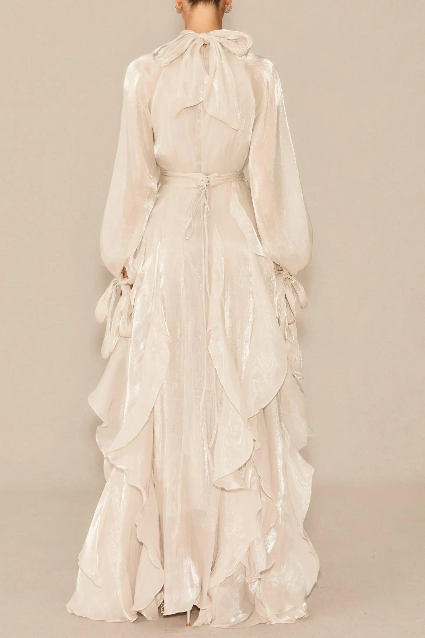 Puff Sleeve Ruffle Trim Maxi Dress in Apricot