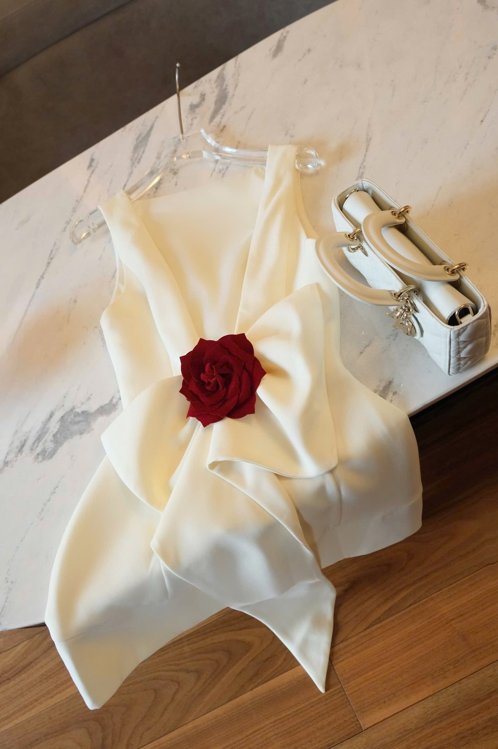 flower embellished mini dress in white
