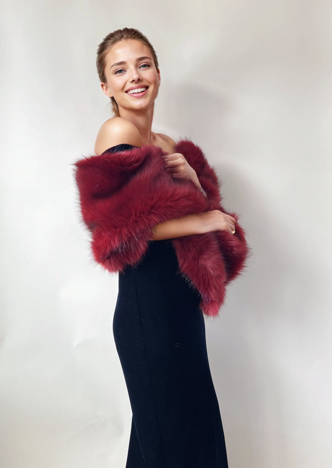 Fur Shawl in Wine Red