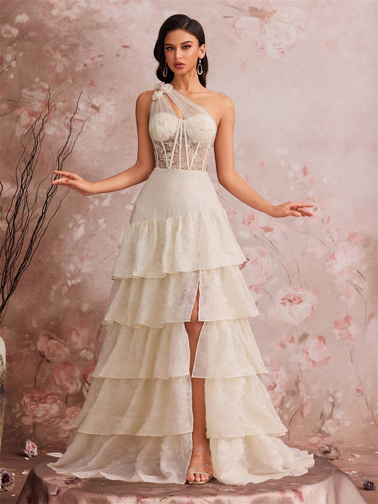 One Shoulder Lace Corset Maxi Dress In White