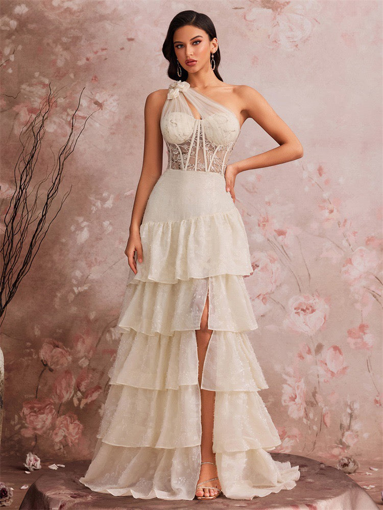 One Shoulder Lace Corset Maxi Dress In White