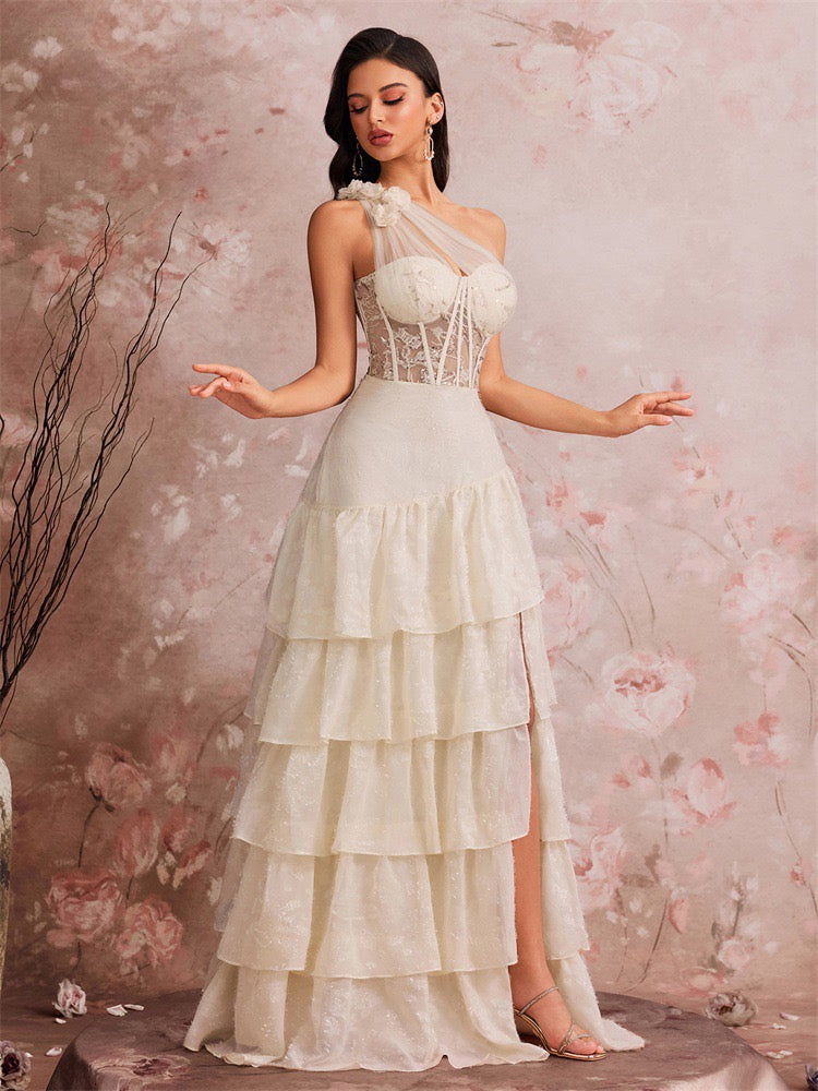 One Shoulder Lace Corset Maxi Dress In White