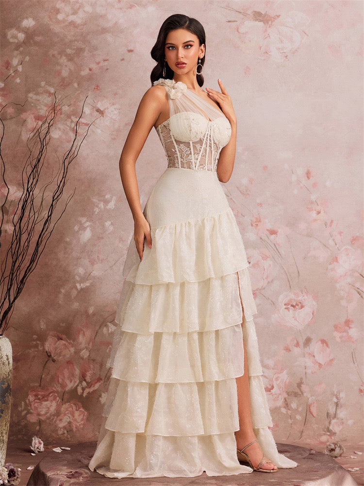 One Shoulder Lace Corset Maxi Dress In White