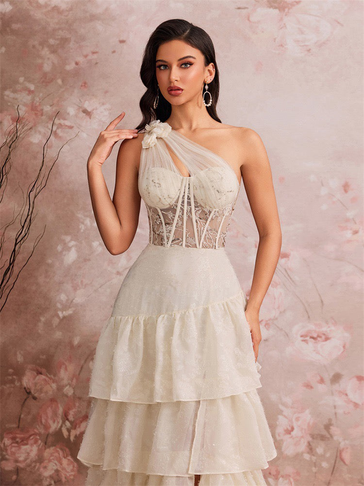 One Shoulder Lace Corset Maxi Dress In White