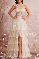 One Shoulder Lace Corset Maxi Dress In White