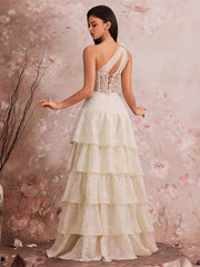 One Shoulder Lace Corset Maxi Dress In White