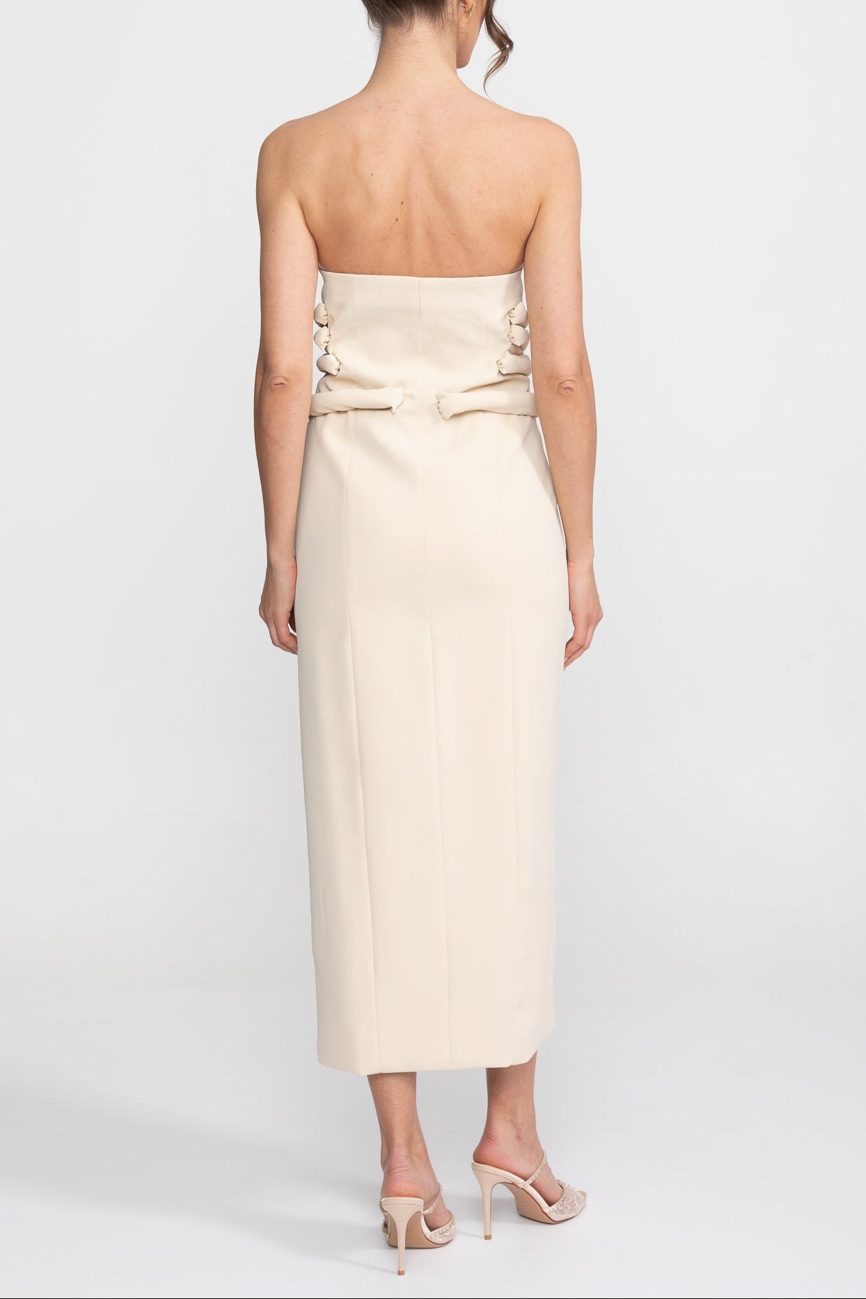 Midi Dress With Sculptural Knotted Bodice Detail And Jewel Buttons - Cream