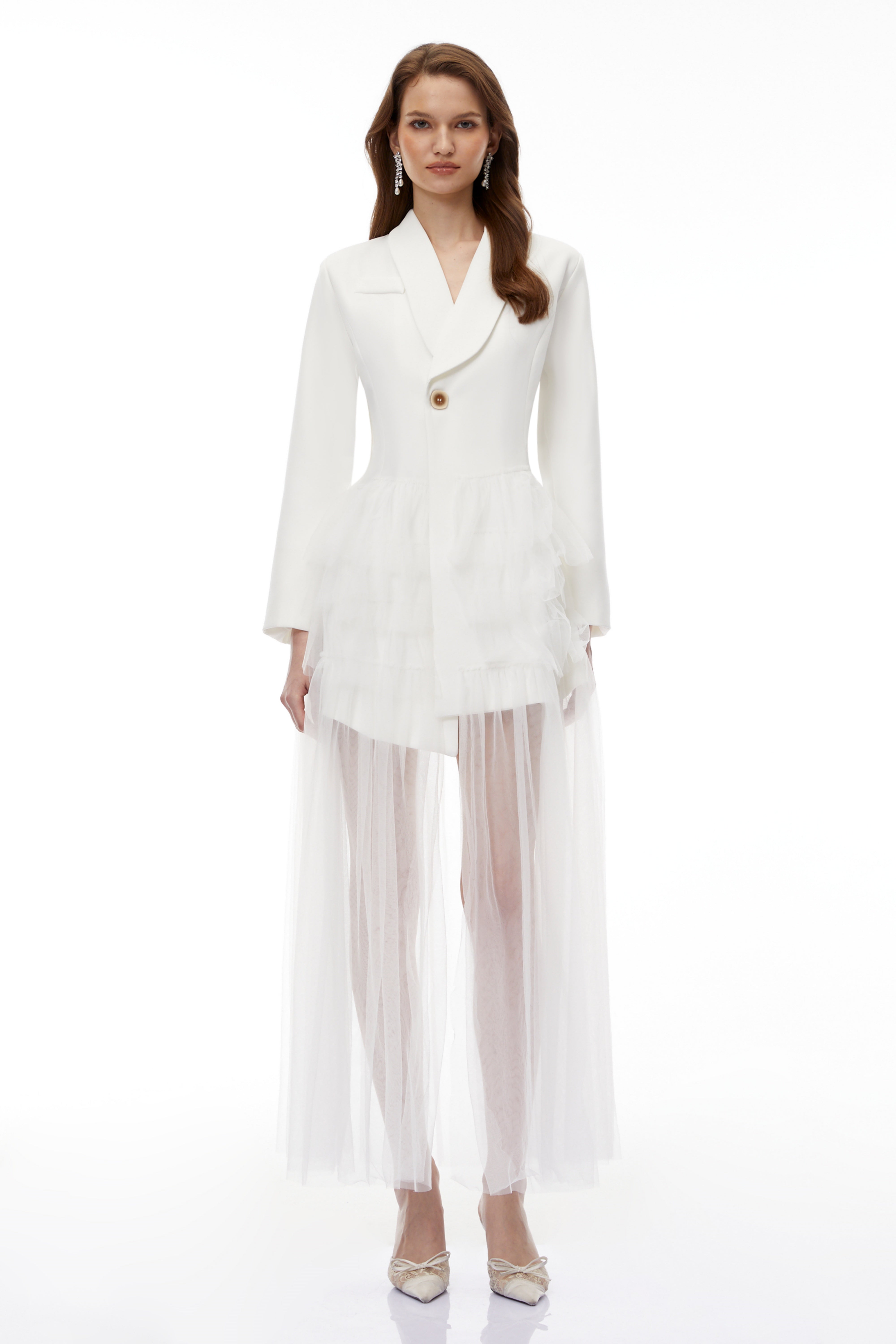 White Blazer Maxi Dress with Ruffled Tulle