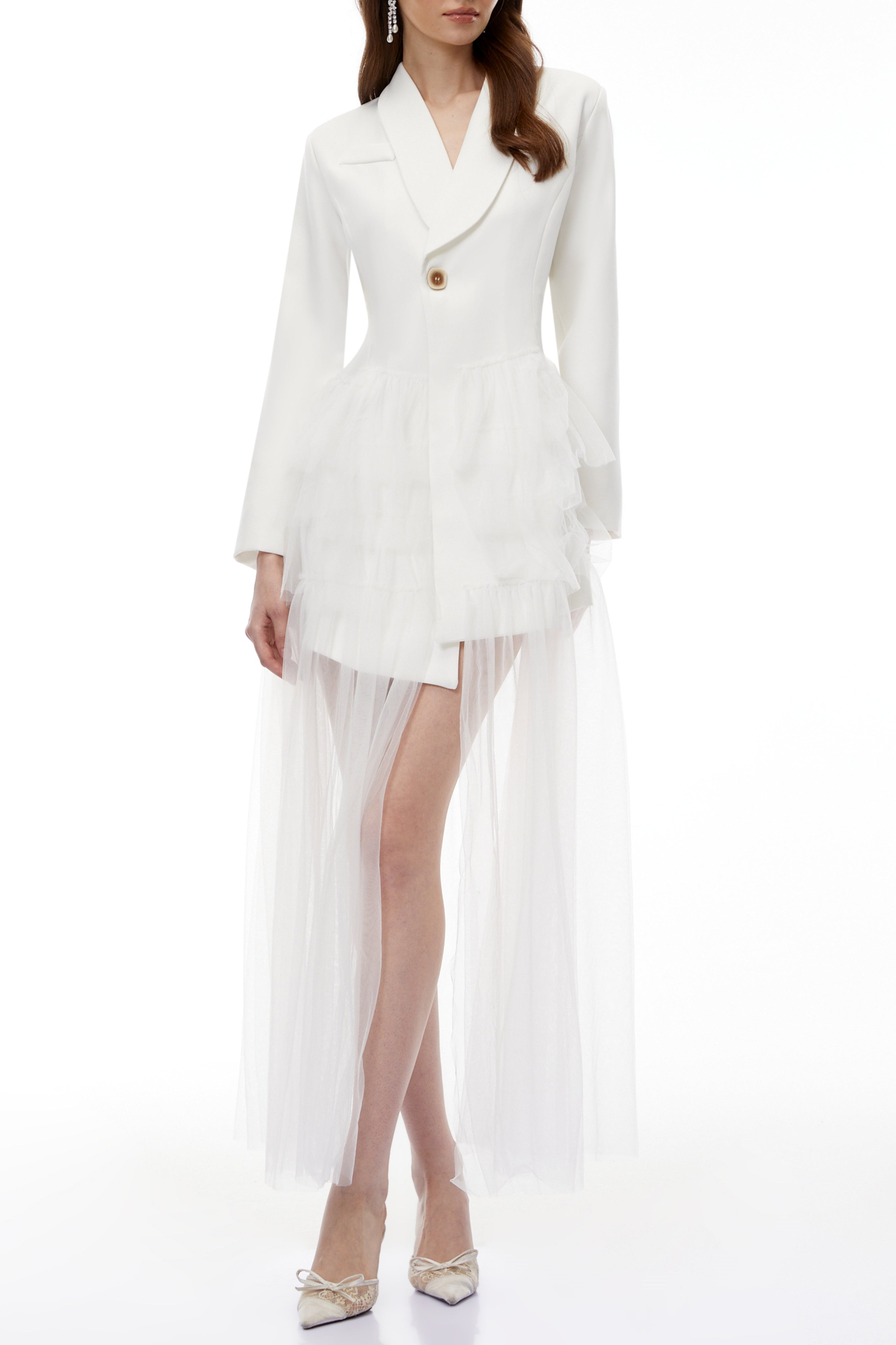 White Blazer Maxi Dress with Ruffled Tulle