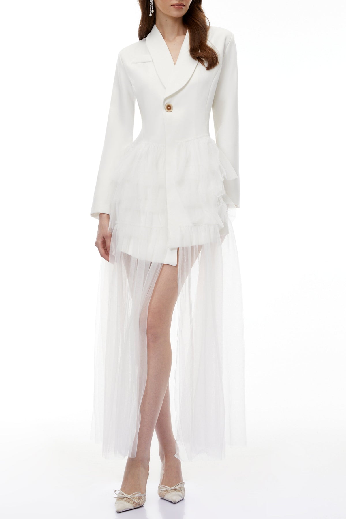 White Blazer Maxi Dress with Ruffled Tulle
