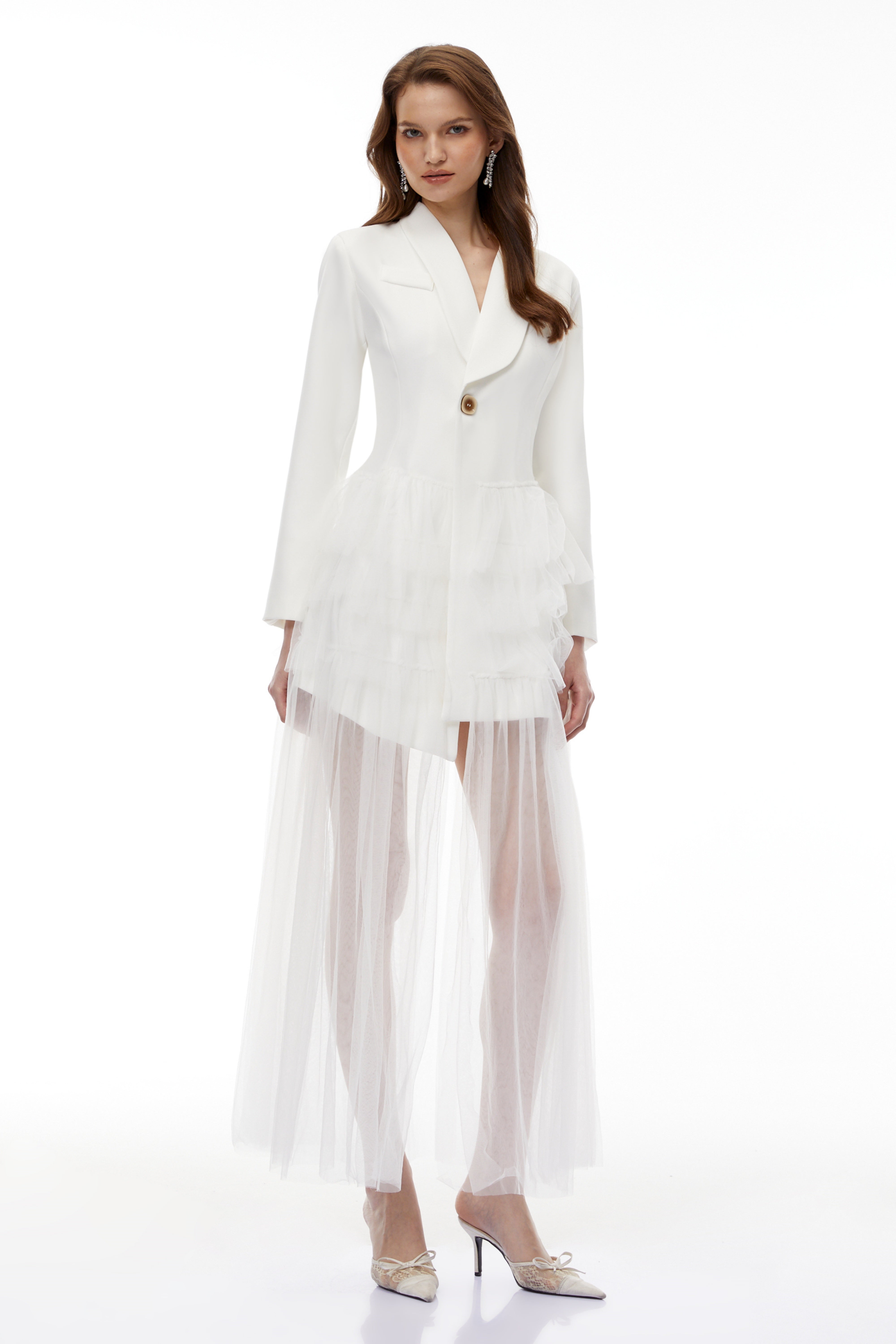White Blazer Maxi Dress with Ruffled Tulle