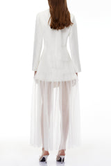 White Blazer Maxi Dress with Ruffled Tulle