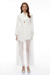 White Blazer Maxi Dress with Ruffled Tulle