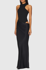 Asymmetrical Cutout Satin Maxi Dress - Black