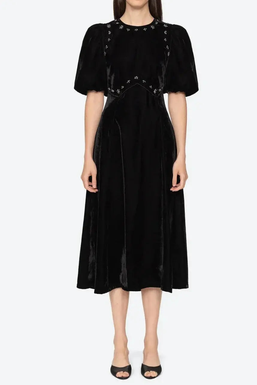 Black Rhinestone Embellished Puff Sleeve Maxi Dress