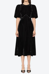 Black Rhinestone Embellished Puff Sleeve Maxi Dress