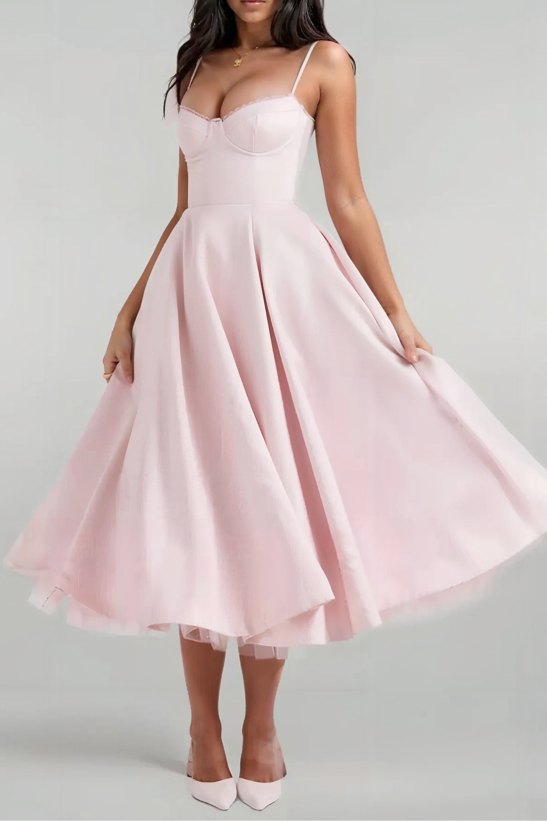 Satin Corset Layered A-Line Midi Dress - Baby Pink