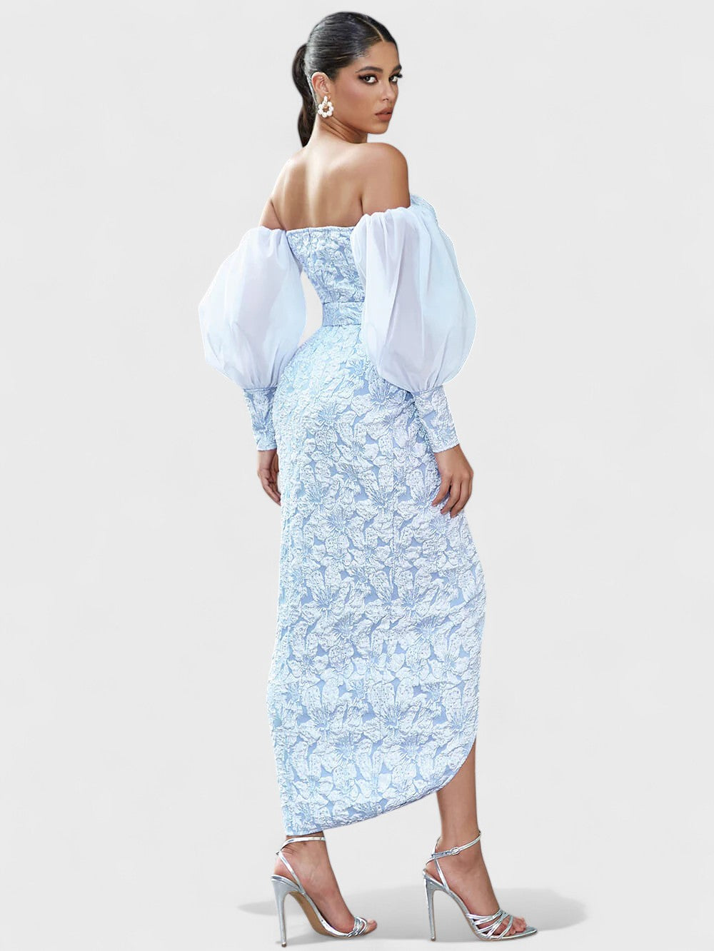 Off-Shoulder Embroidered Midi Dress â€?Icy Blue