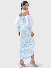 Off-Shoulder Embroidered Midi Dress â€?Icy Blue