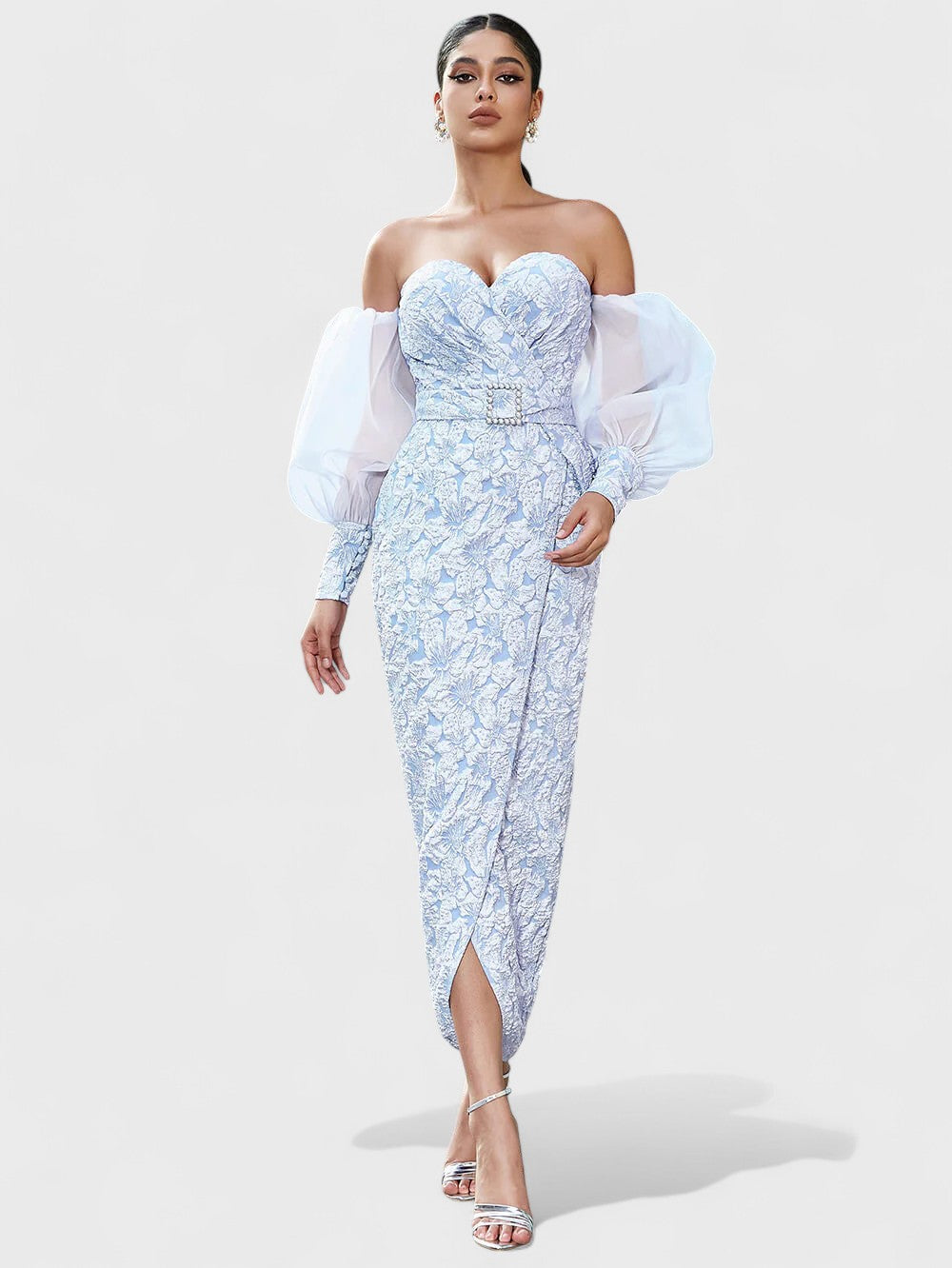 Off-Shoulder Embroidered Midi Dress â€?Icy Blue