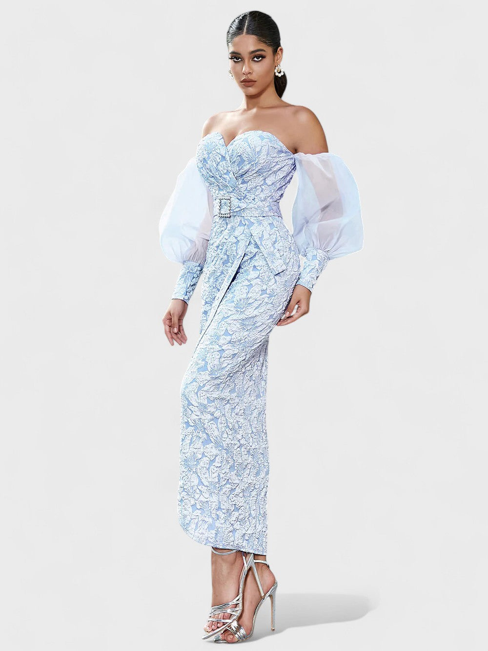 Off-Shoulder Embroidered Midi Dress â€?Icy Blue