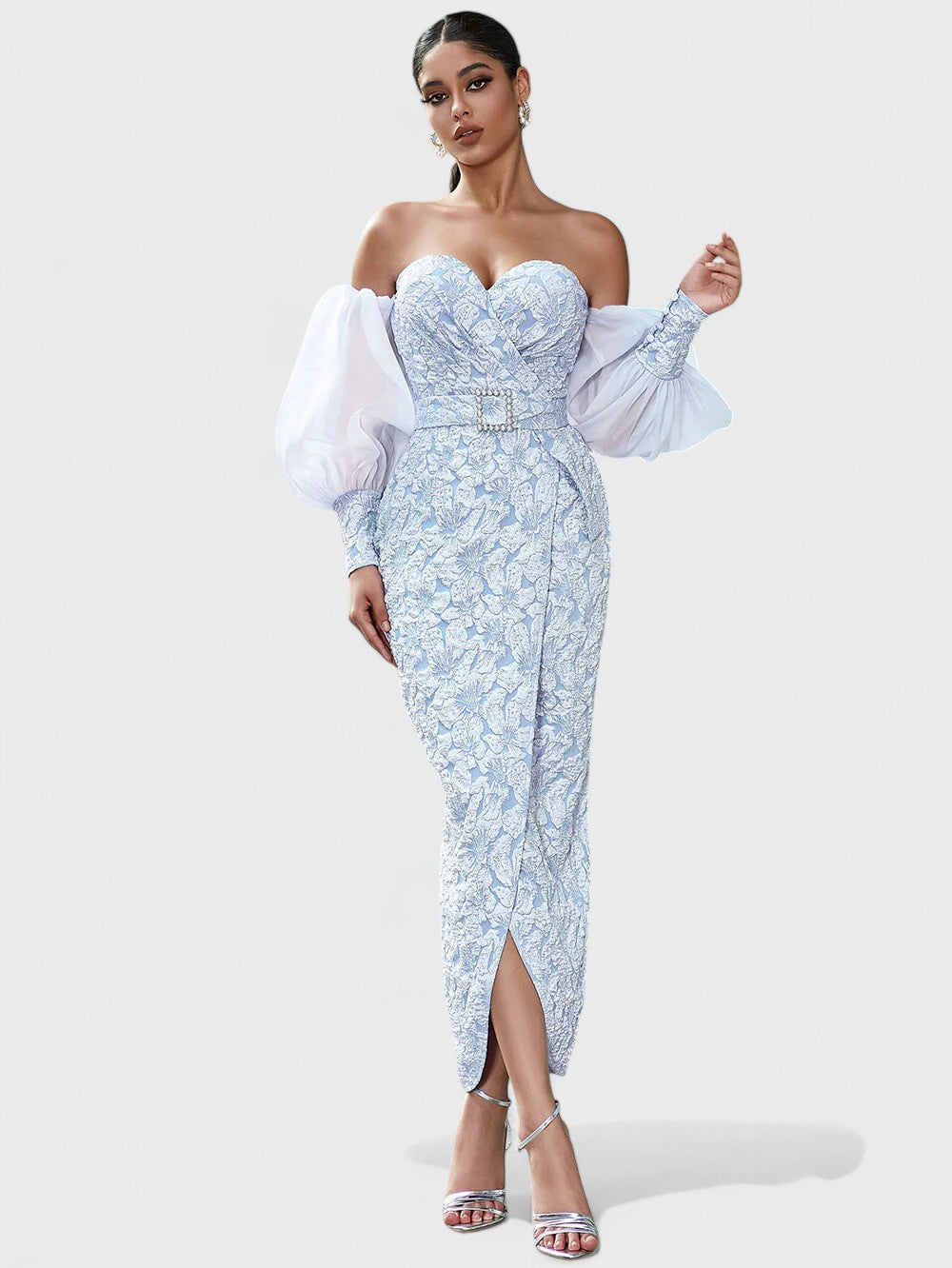 Off-Shoulder Embroidered Midi Dress â€?Icy Blue