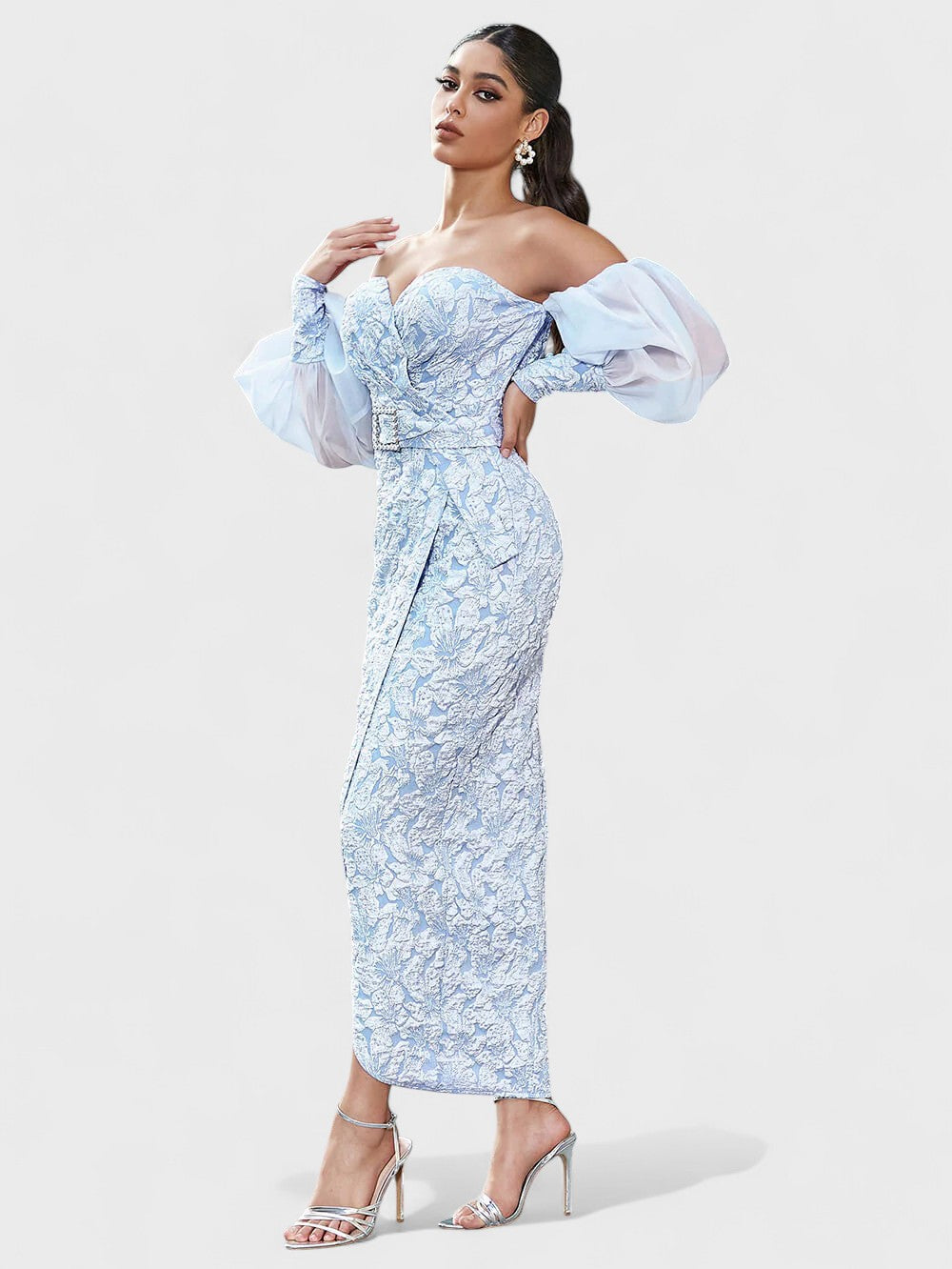 Off-Shoulder Embroidered Midi Dress â€?Icy Blue