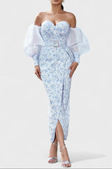 Off-Shoulder Embroidered Midi Dress â€?Icy Blue