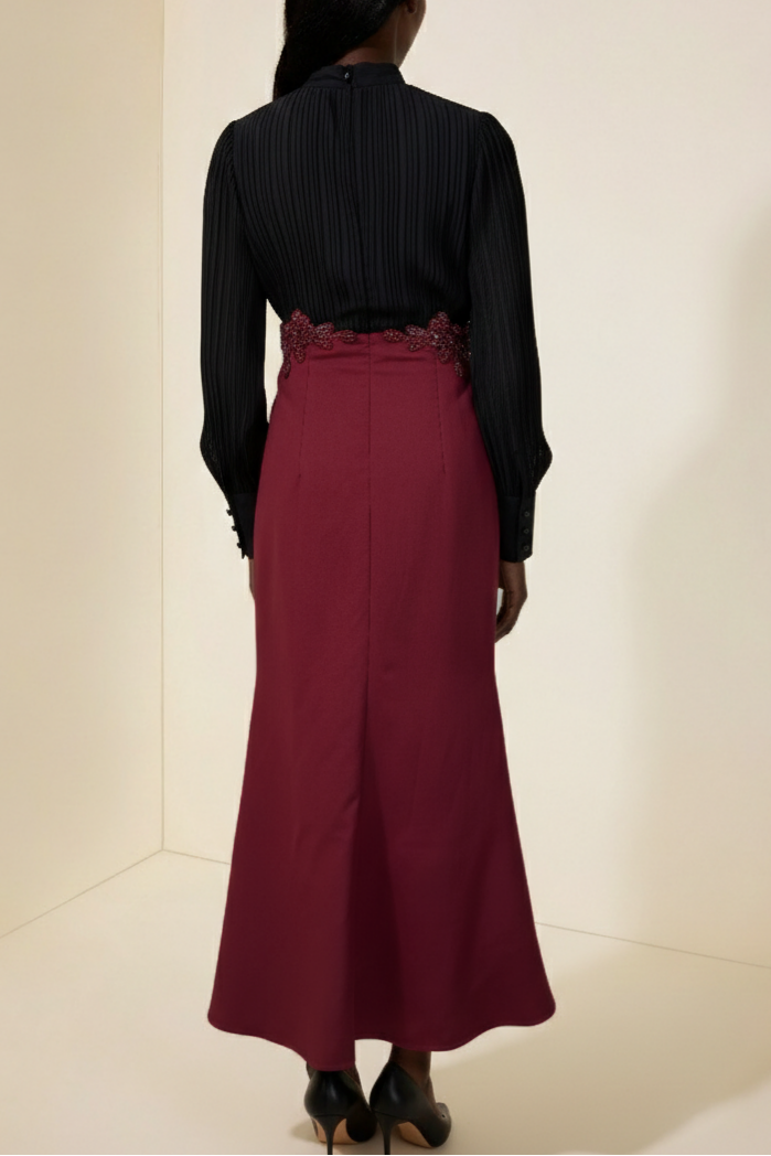 Sleeve Ruched Tie Up Midi Dress - Black & Red