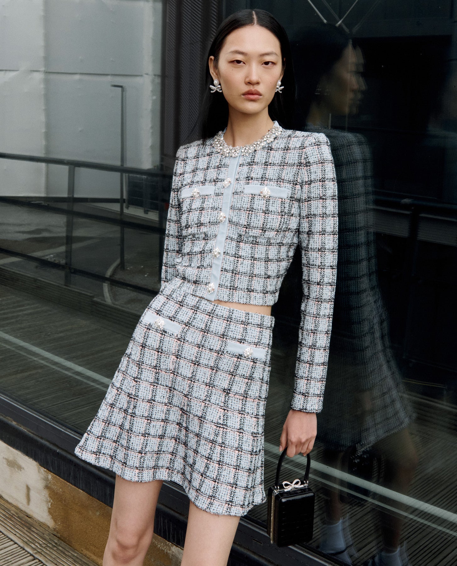 Rhinestone Check Knit Cardigan Skirt Set - Blue