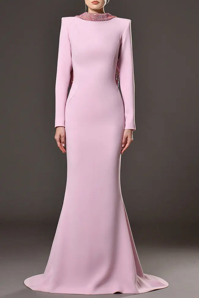 Pink Crepe Maxi Dress with Crystal Chainmail Flower