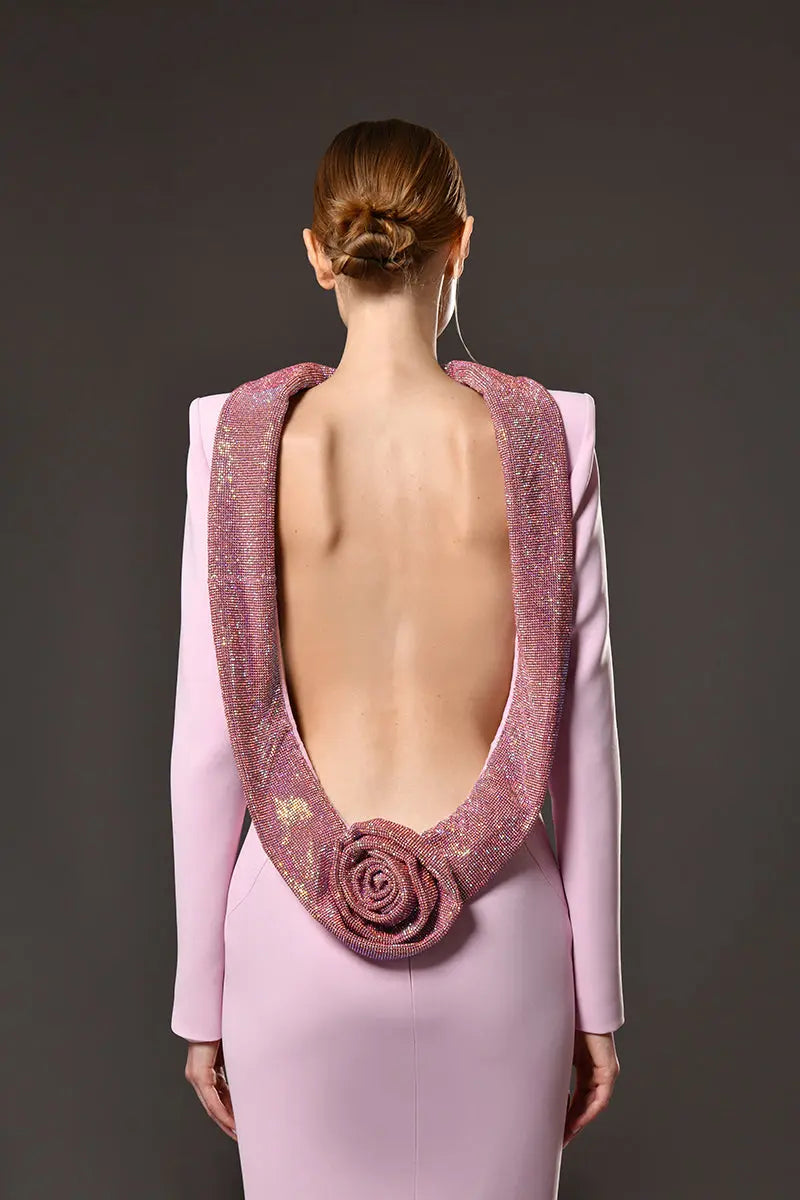 Pink Crepe Maxi Dress with Crystal Chainmail Flower