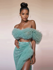 Corset Trimmed Sequin Skirt Set In Mint