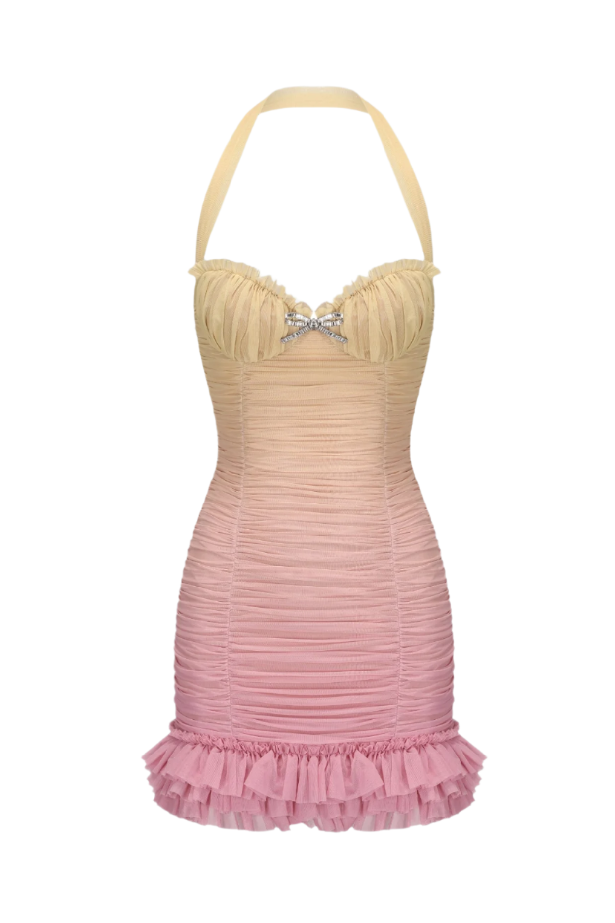 Halter Mesh Gradient Rushed Mini Dress - Yellow