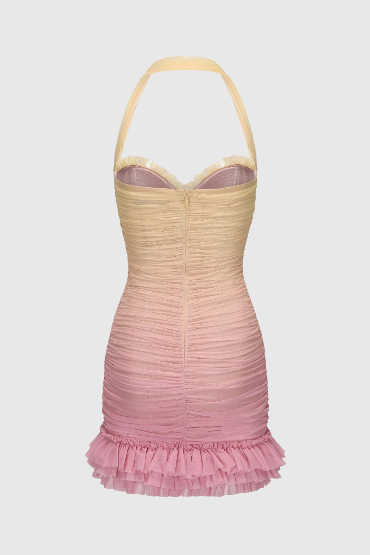 Halter Mesh Gradient Rushed Mini Dress - Yellow