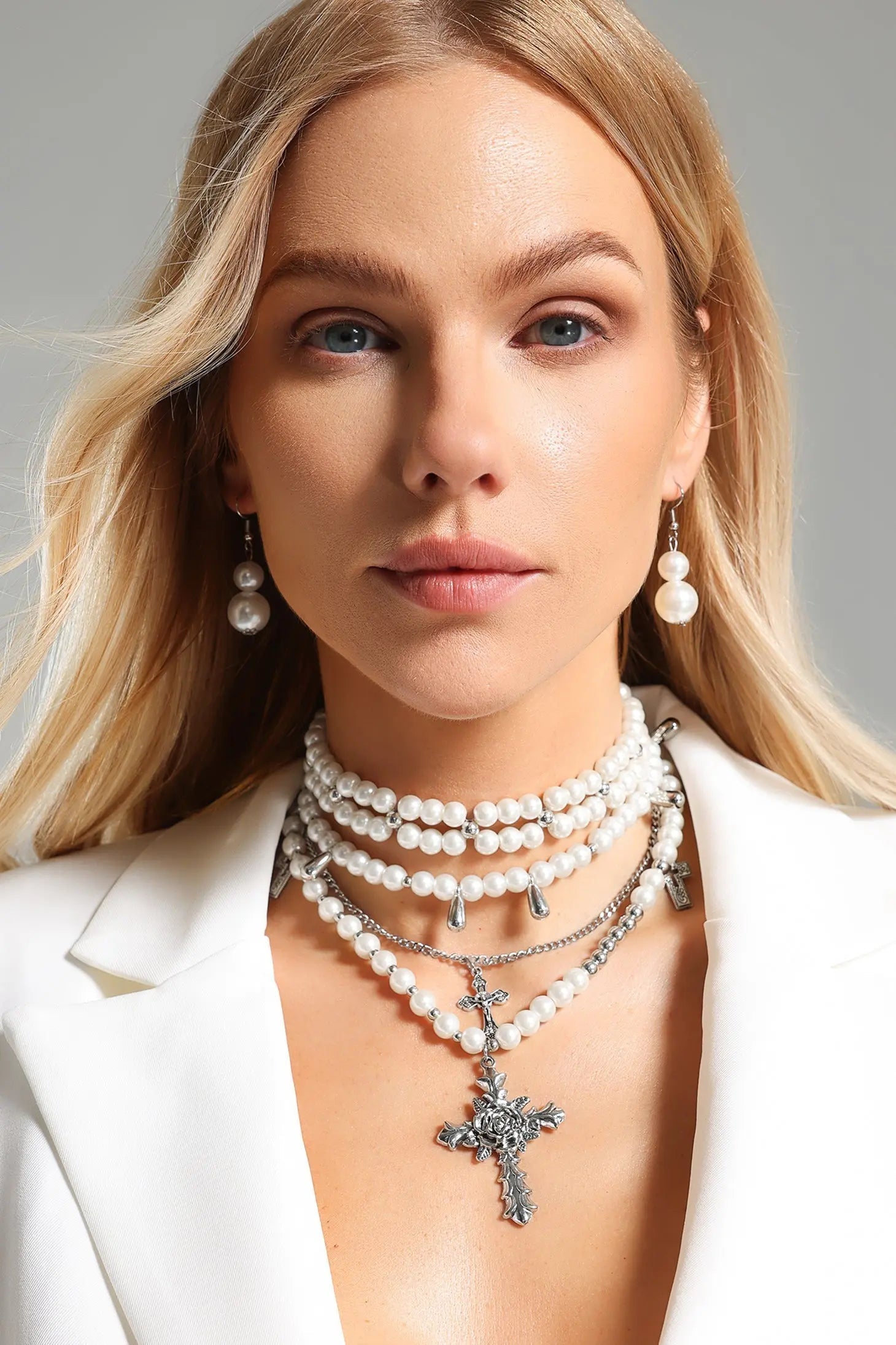 Triple Pearls Cross Necklace