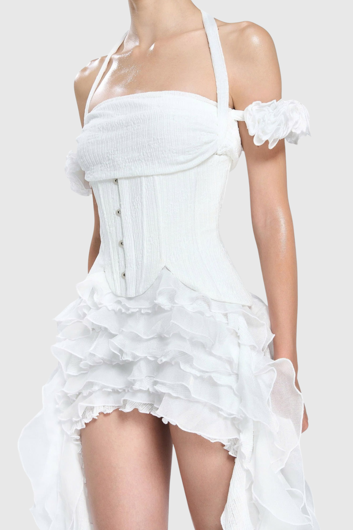 Halter Three-Dimensional Flower Mini Dress in White