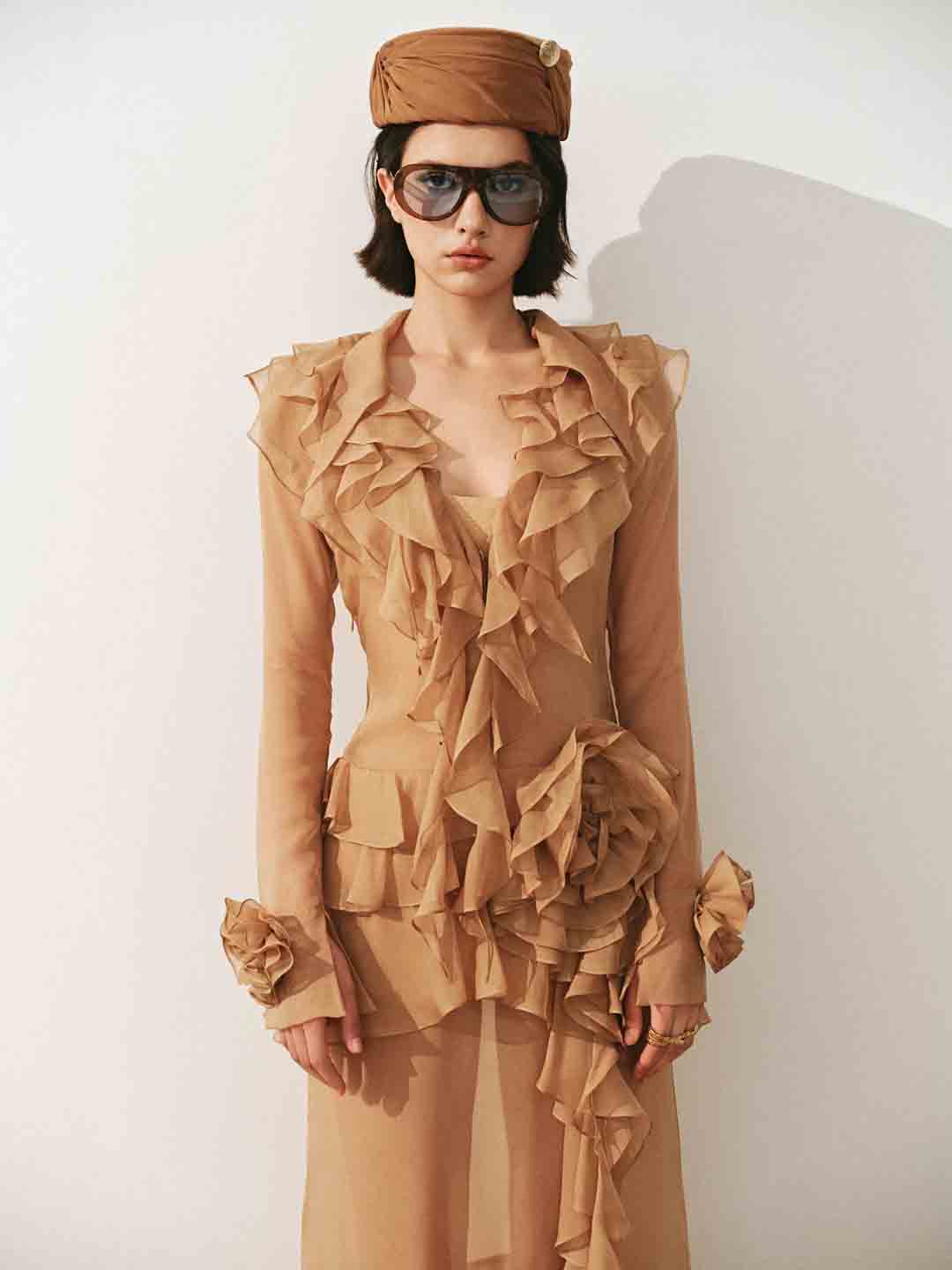 Multi-layered Ruffles Maxi Dress in Brown