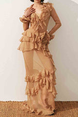 Multi-layered Ruffles Maxi Dress in Brown