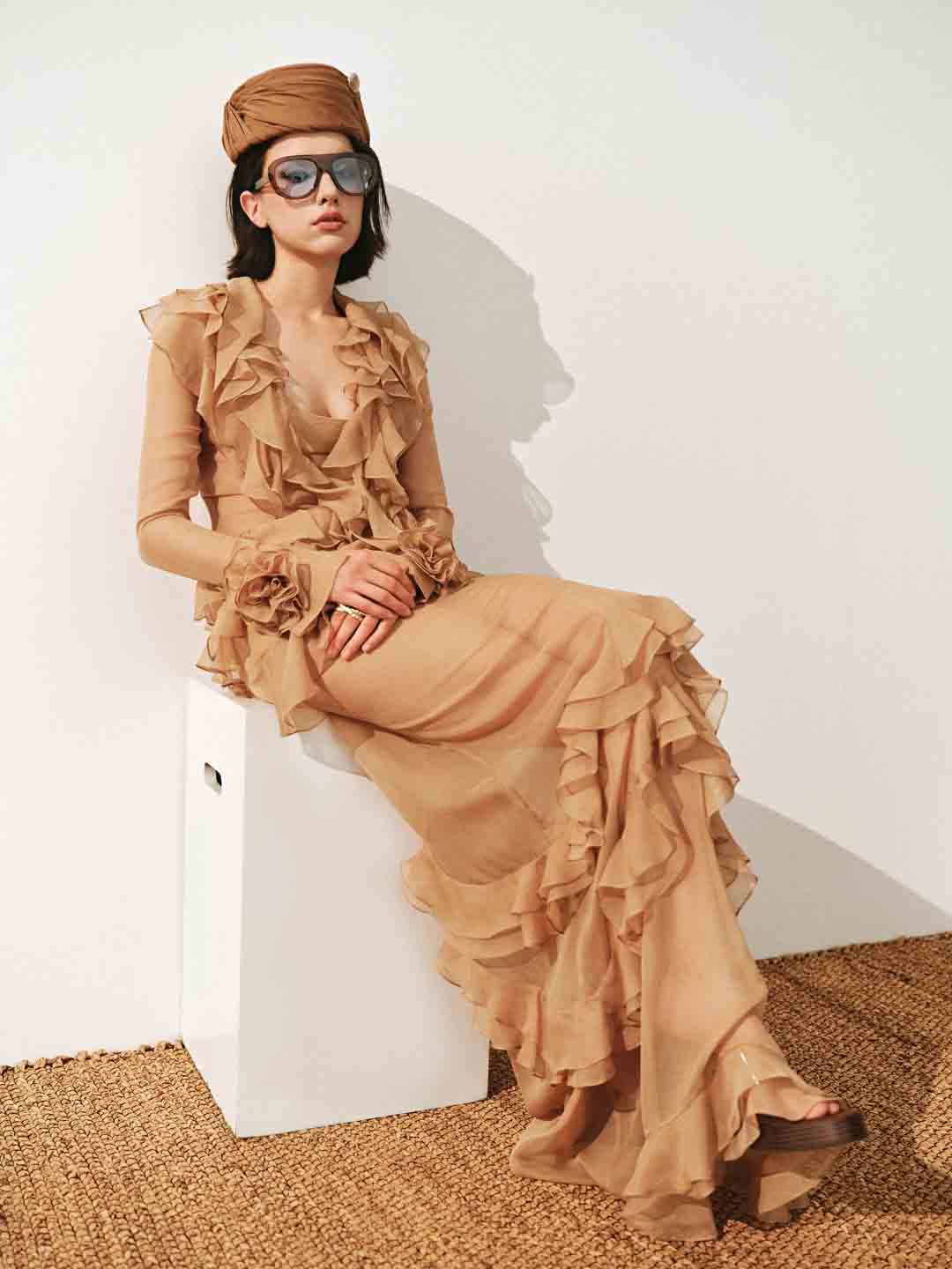 Multi-layered Ruffles Maxi Dress in Brown