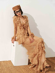 Multi-layered Ruffles Maxi Dress in Brown