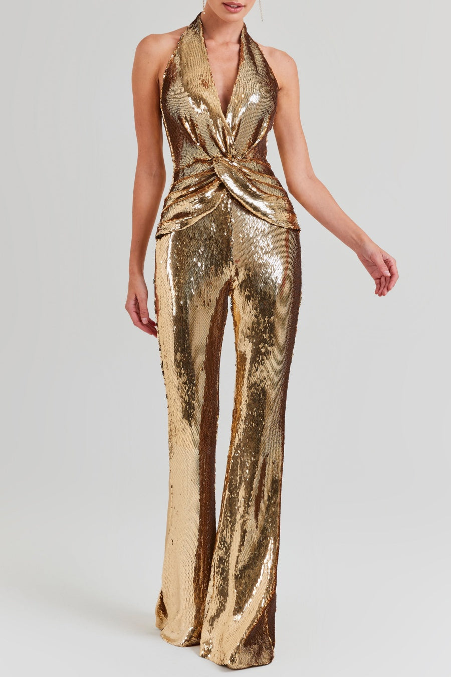 Gold Sequin Deep V High Waist Jumpsuit
