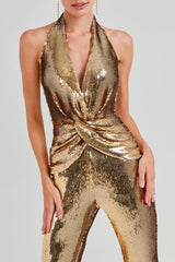 Gold Sequin Deep V High Waist Jumpsuit