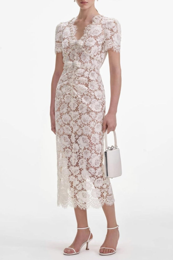 Crystal Detailed V Neck Lace Midi Design Dress