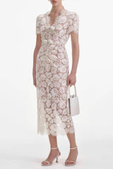 Crystal Detailed V Neck Lace Midi Design Dress