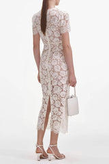 Crystal Detailed V Neck Lace Midi Design Dress