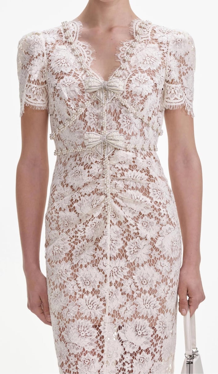Crystal Detailed V Neck Lace Midi Design Dress